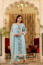 Load image into Gallery viewer, Blue cotton shifley printed kurta set
