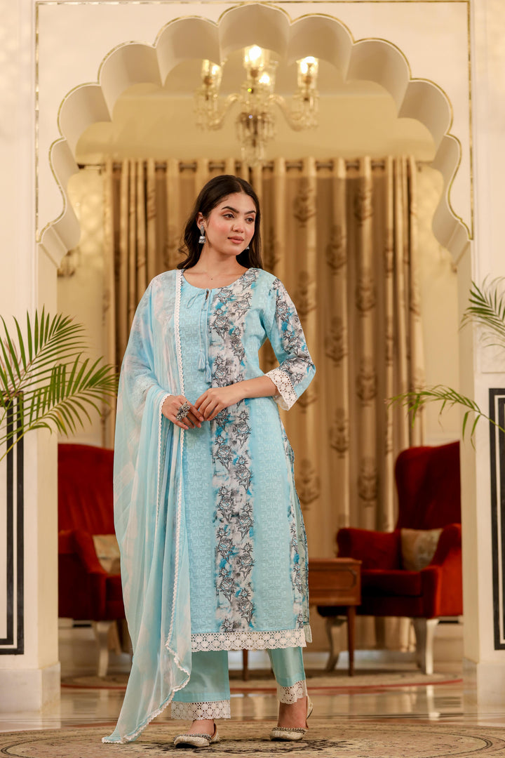 Blue cotton shifley printed kurta set