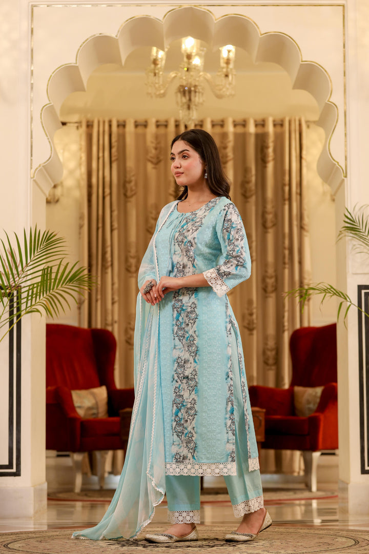 Blue cotton shifley printed kurta set