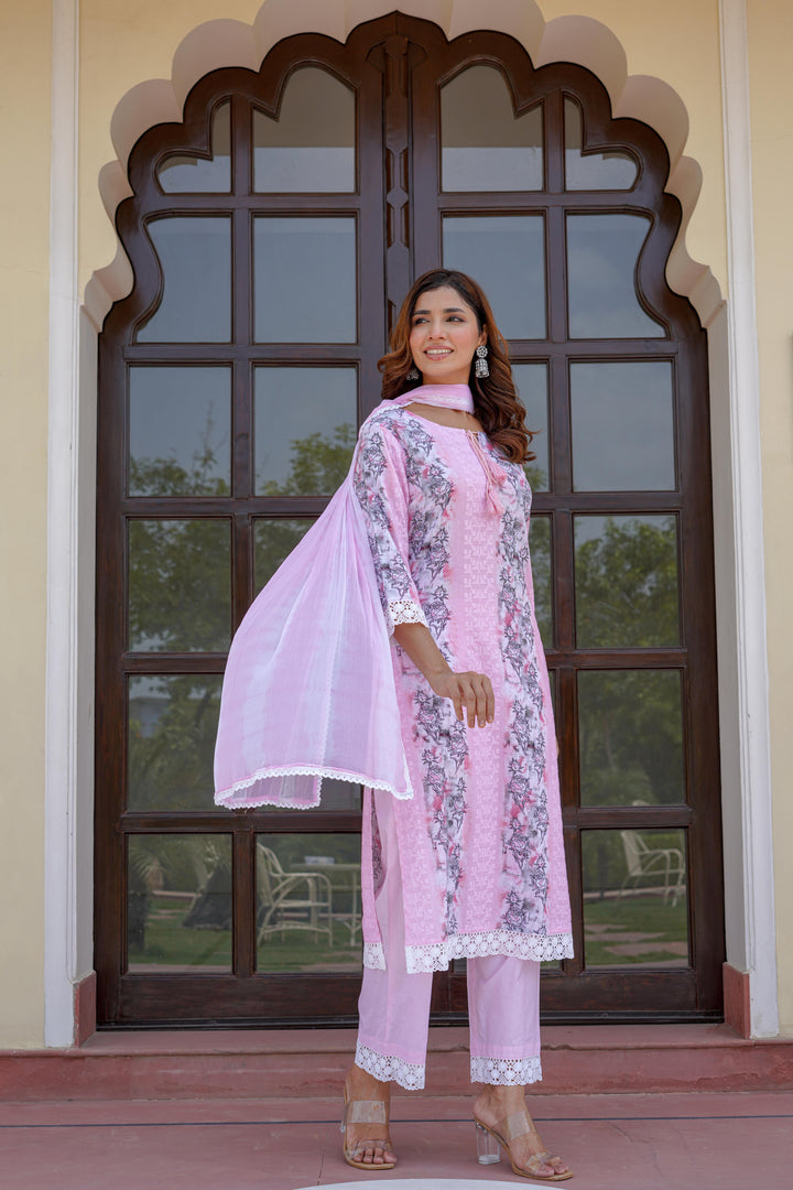 Pink cotton shifley printed kurta set