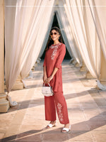 Load image into Gallery viewer, Crimson red roman silk co-ord set with floral embroidery
