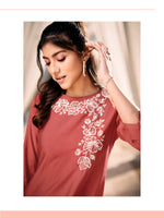 Load image into Gallery viewer, Crimson red roman silk co-ord set with floral embroidery

