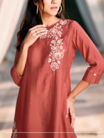 Load image into Gallery viewer, Crimson red roman silk co-ord set with floral embroidery
