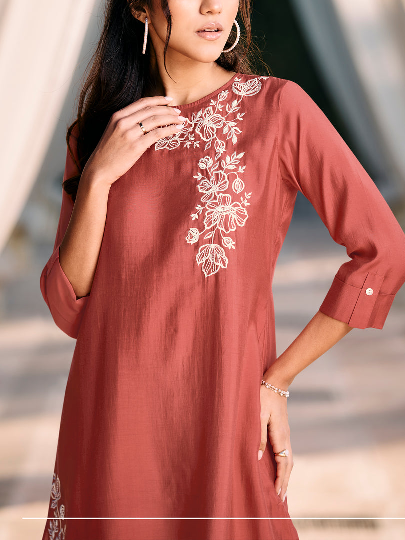 Crimson red roman silk co-ord set with floral embroidery
