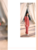 Load image into Gallery viewer, Crimson red roman silk co-ord set with floral embroidery
