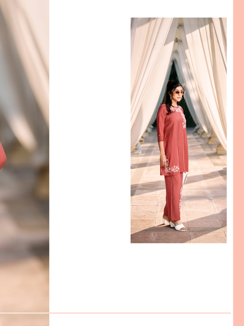 Crimson red roman silk co-ord set with floral embroidery