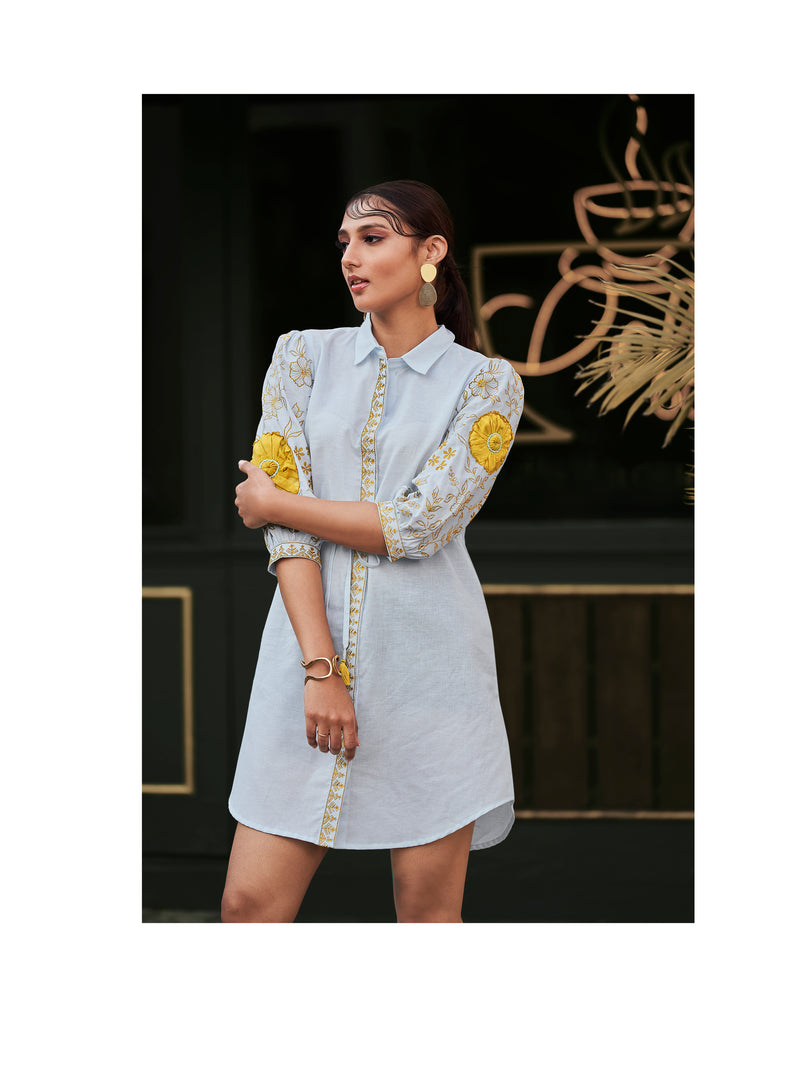 Blue floral embroidered linen cotton tunic