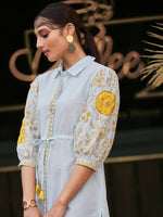 Load image into Gallery viewer, Blue floral embroidered linen cotton tunic
