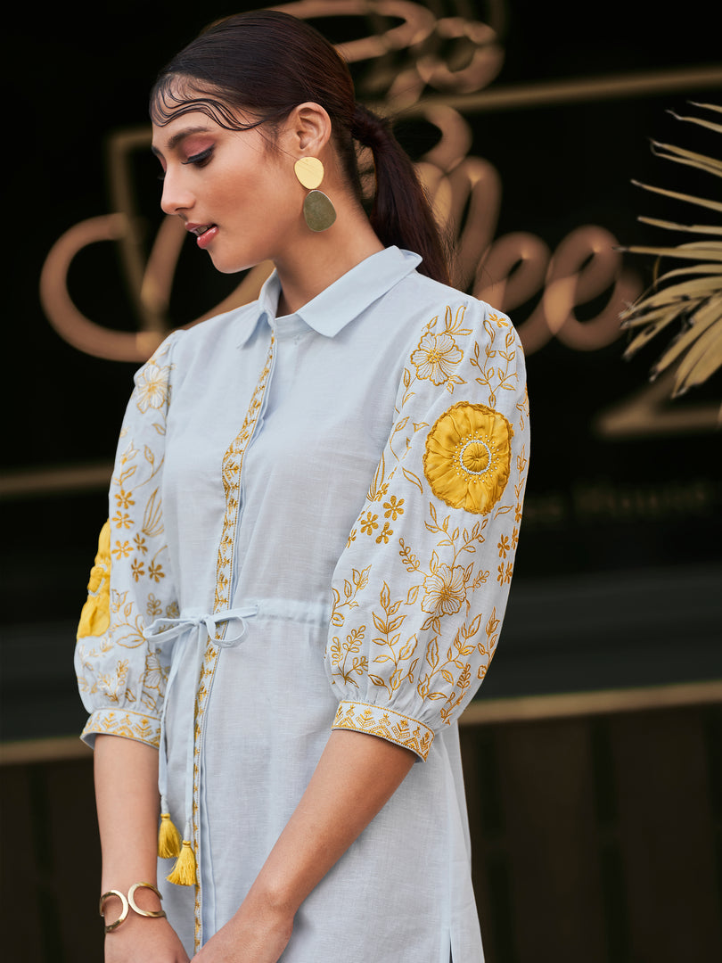 Blue floral embroidered linen cotton tunic