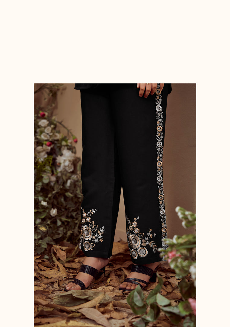 Black twill cotton co-ord set with floral embroidery