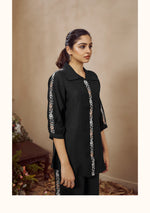 Load image into Gallery viewer, Black twill cotton co-ord set with floral embroidery
