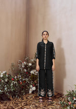 Load image into Gallery viewer, Black twill cotton co-ord set with floral embroidery
