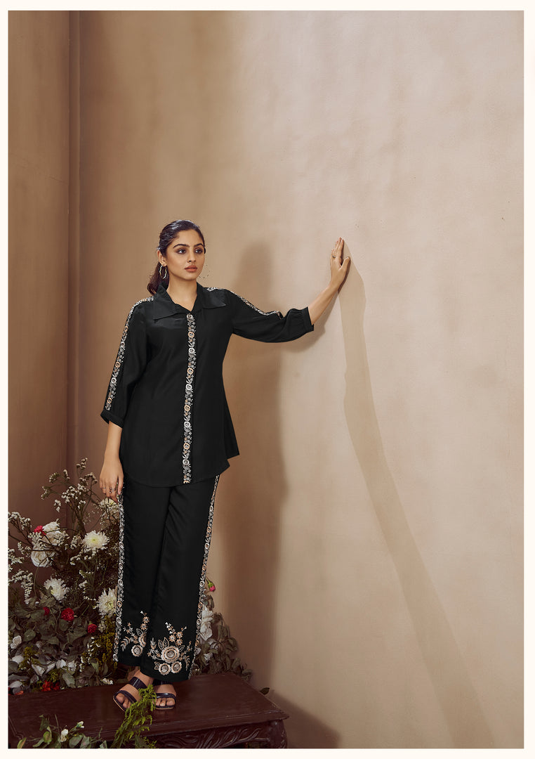 Black twill cotton co-ord set with floral embroidery