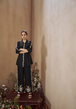 Load image into Gallery viewer, Black twill cotton co-ord set with floral embroidery

