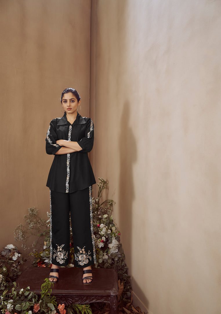Black twill cotton co-ord set with floral embroidery