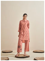Load image into Gallery viewer, Peach roman silk co-ord set with palm tree embroidery

