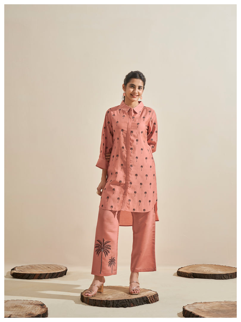 Peach roman silk co-ord set with palm tree embroidery