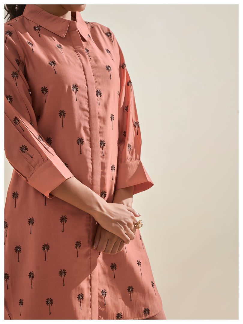Peach roman silk co-ord set with palm tree embroidery