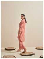Load image into Gallery viewer, Peach roman silk co-ord set with palm tree embroidery

