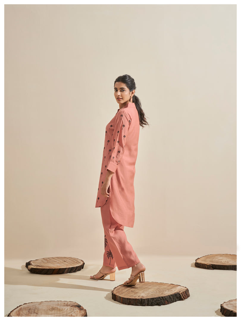 Peach roman silk co-ord set with palm tree embroidery