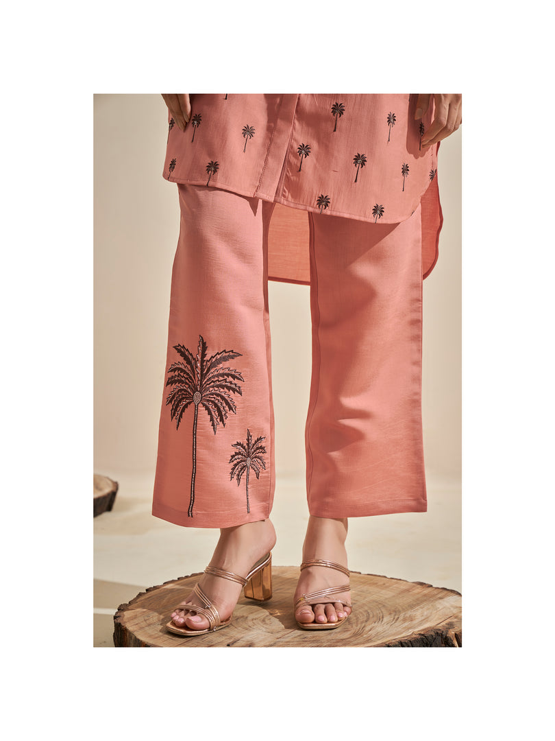 Peach roman silk co-ord set with palm tree embroidery
