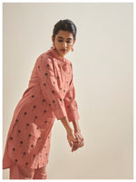Load image into Gallery viewer, Peach roman silk co-ord set with palm tree embroidery
