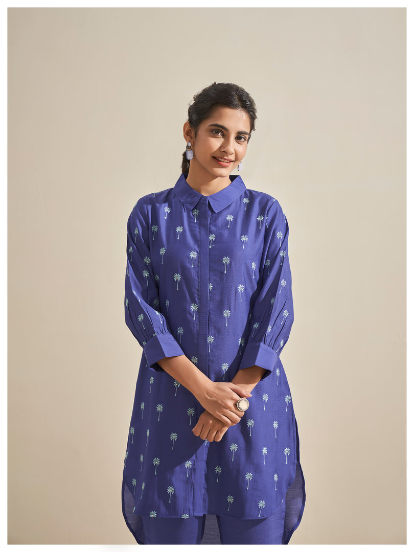 Royal blue palm tree embroidery co-ord set
