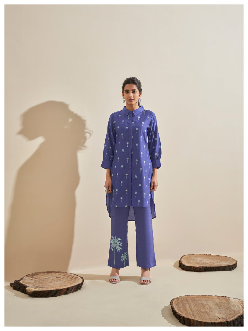 Royal blue palm tree embroidery co-ord set
