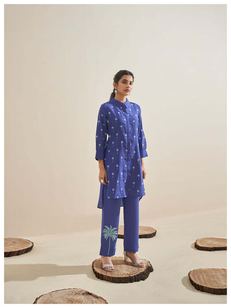 Royal blue palm tree embroidery co-ord set