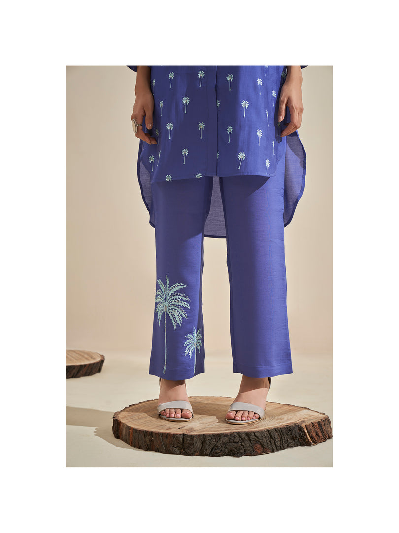 Royal blue palm tree embroidery co-ord set
