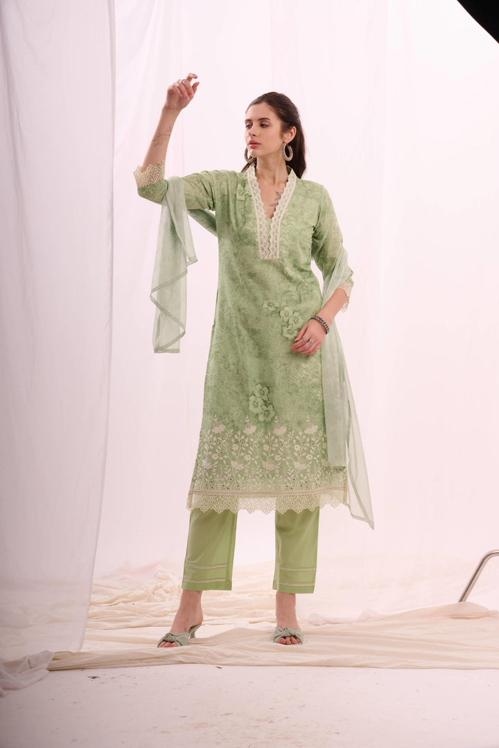 Green pure cotton shifley kurta set with dupatta