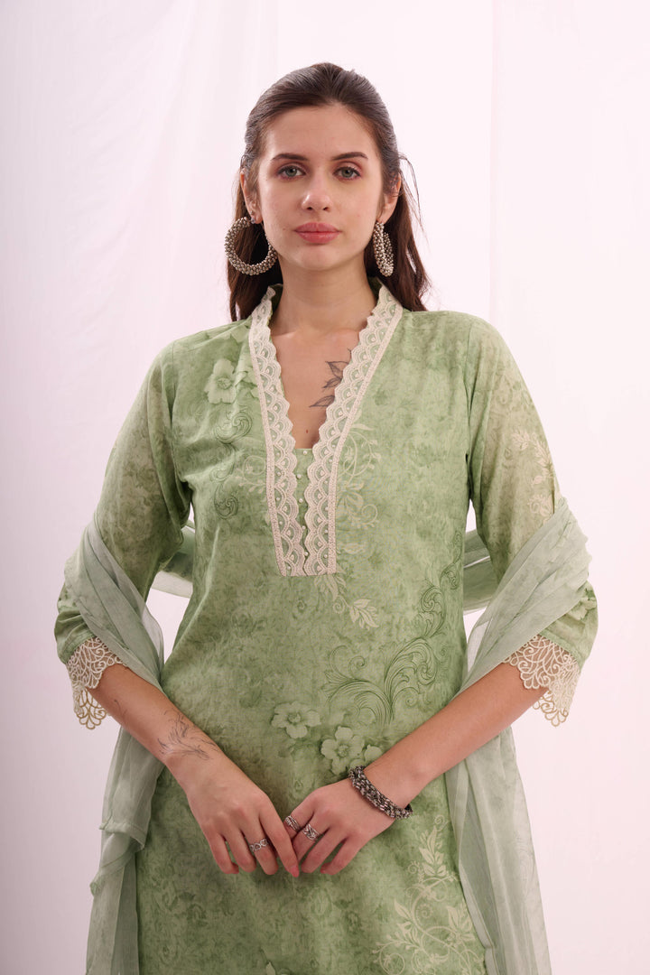 Green pure cotton shifley kurta set with dupatta