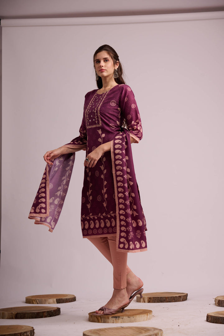 Purple rayon kurta set with dupatta