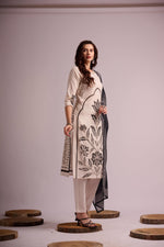 Load image into Gallery viewer, White and black pure cotton digital print kurta set with dupatta
