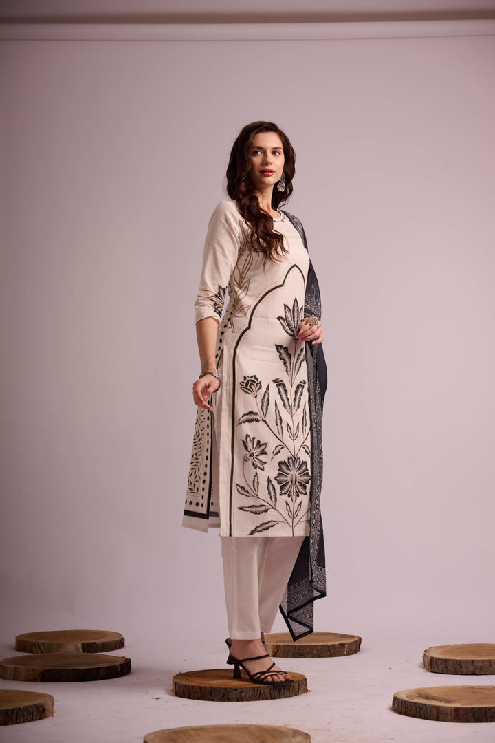 White and black pure cotton digital print kurta set with dupatta