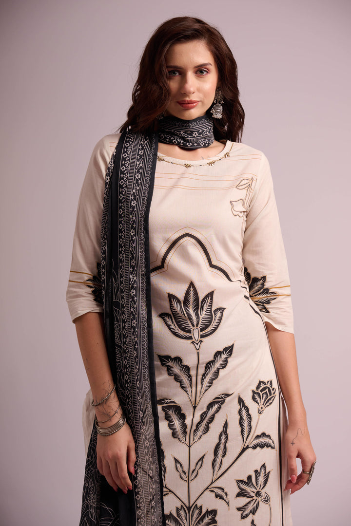 White and black pure cotton digital print kurta set with dupatta