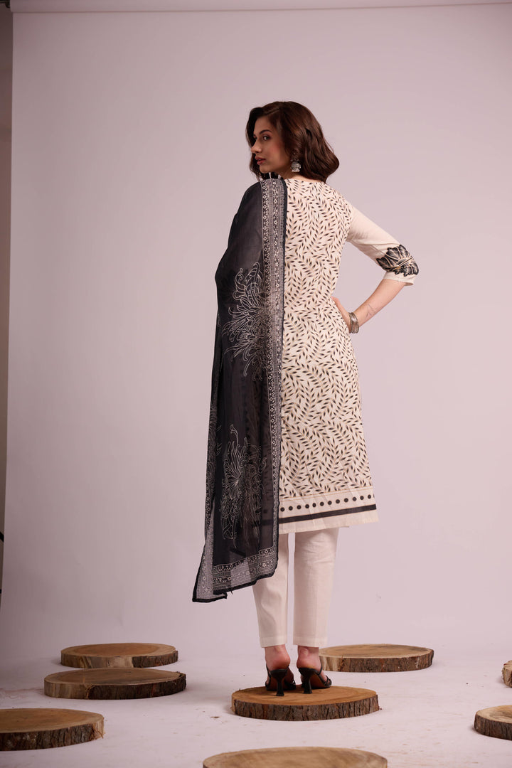White and black pure cotton digital print kurta set with dupatta