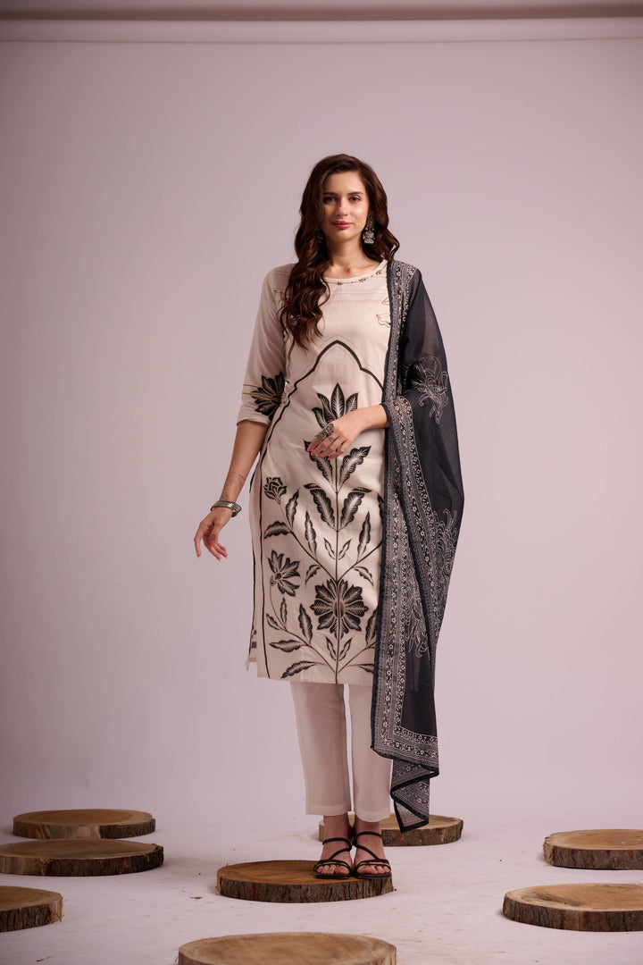 White and black pure cotton digital print kurta set with dupatta