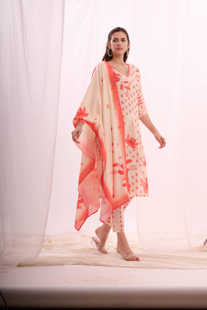 Dusty red digital print cotton kurta set with dupatta