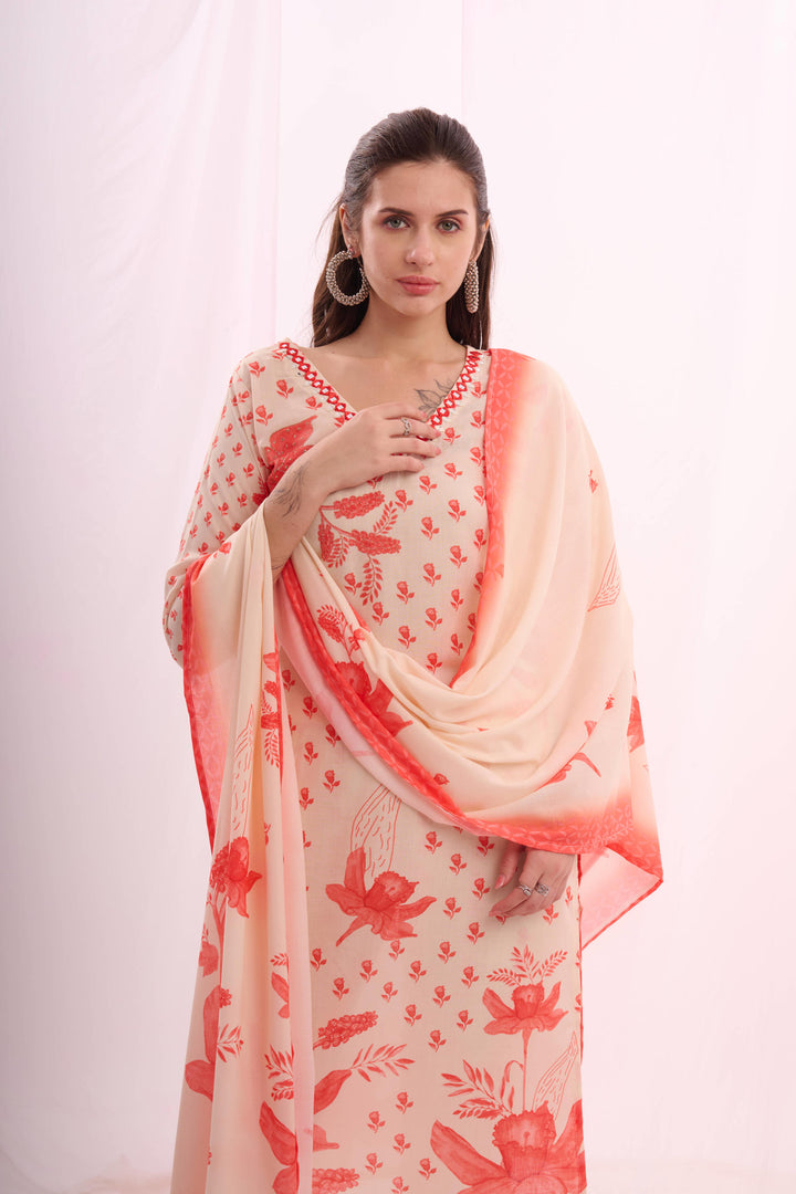 Dusty red digital print cotton kurta set with dupatta
