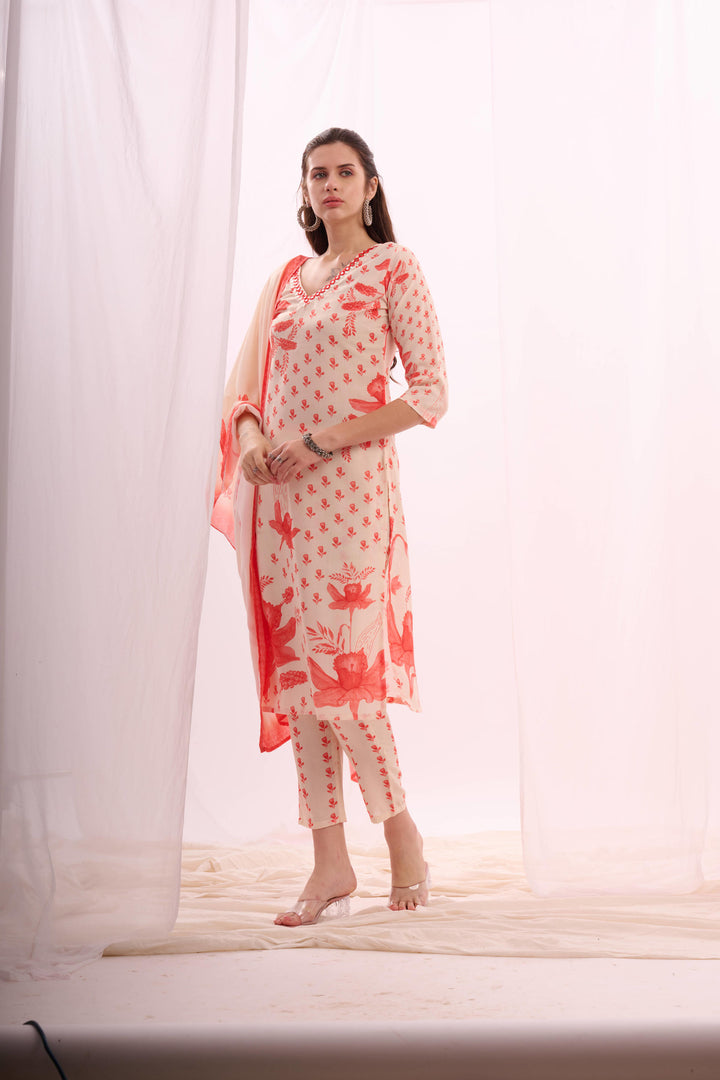 Dusty red digital print cotton kurta set with dupatta