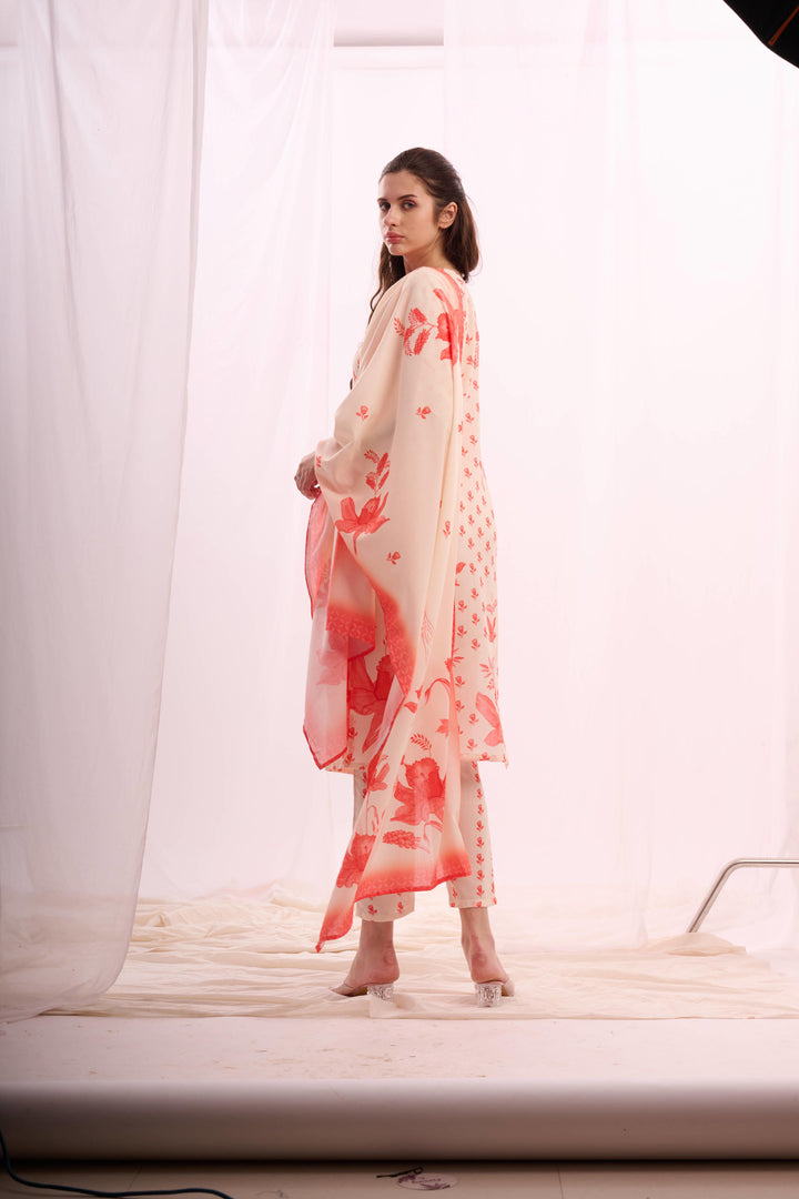 Dusty red digital print cotton kurta set with dupatta