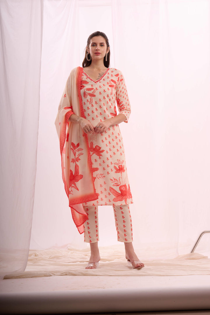 Dusty red digital print cotton kurta set with dupatta