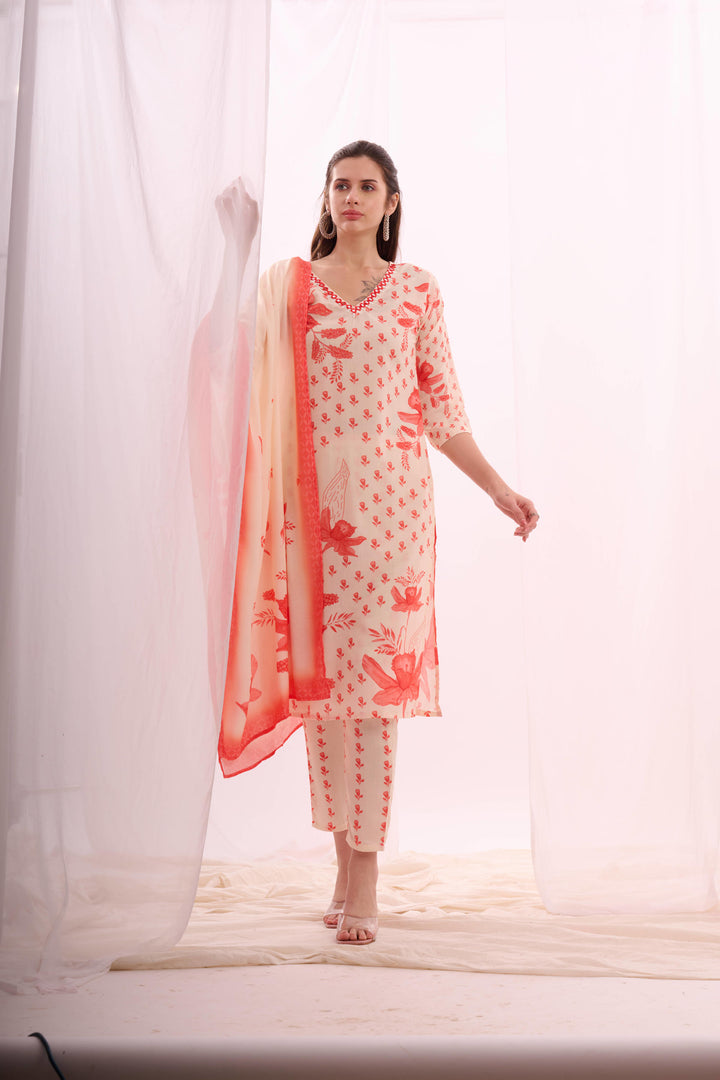 Dusty red digital print cotton kurta set with dupatta