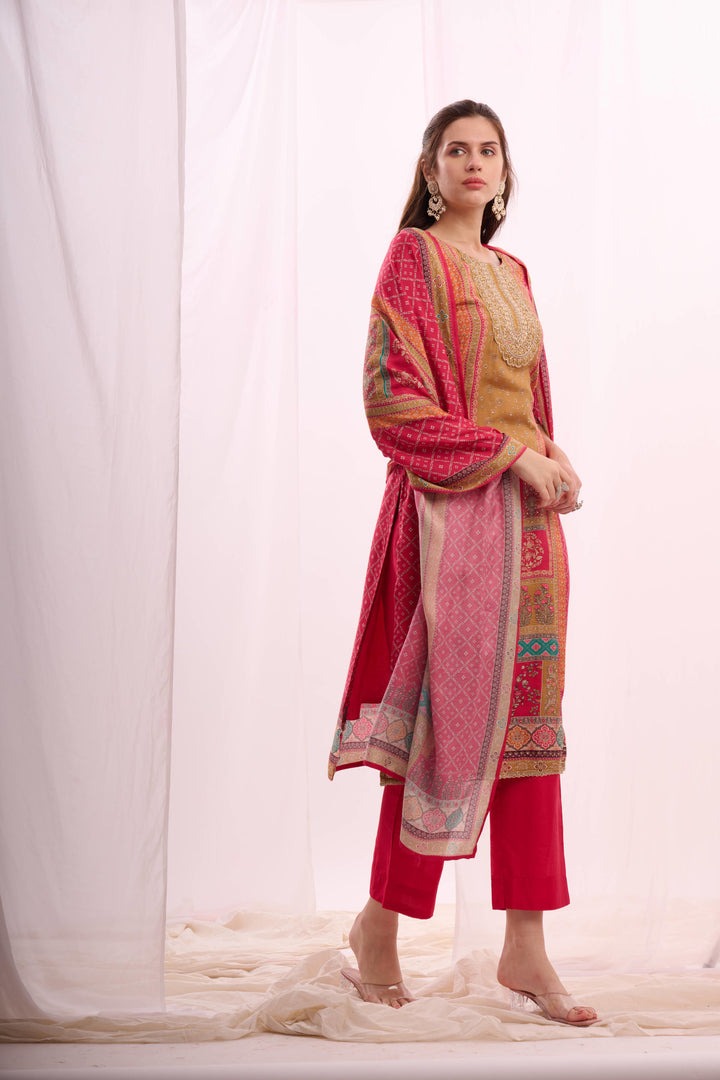 Pink pure muslin stone work kurta set with  digital print dupatta