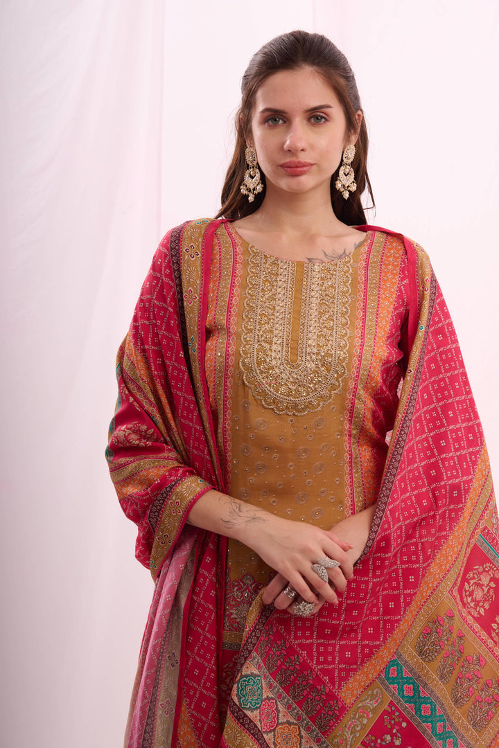 Pink pure muslin stone work kurta set with  digital print dupatta