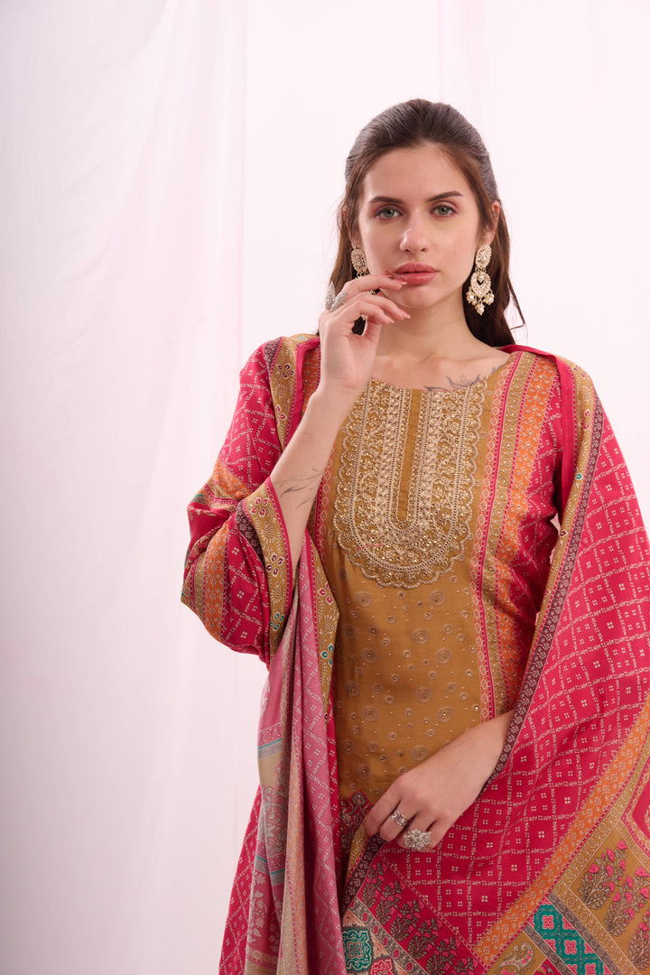 Pink pure muslin stone work kurta set with  digital print dupatta