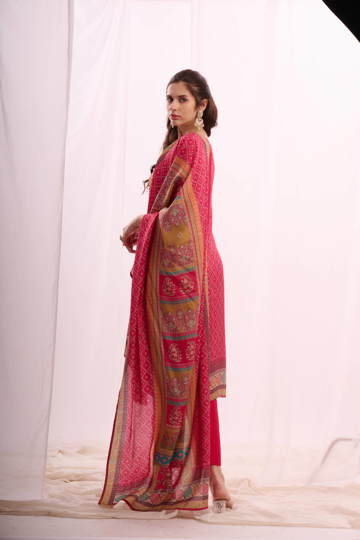 Pink pure muslin stone work kurta set with  digital print dupatta