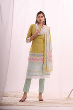 Load image into Gallery viewer, Lambent yellow pure muslin digital printed kurta set with dupatta
