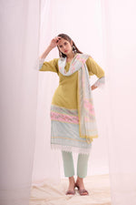 Load image into Gallery viewer, Lambent yellow pure muslin digital printed kurta set with dupatta
